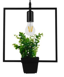 GloboStar® FLOWERPOT 10001211 Μοντέρνο Κρεμαστό Φωτιστικό Οροφής Μονόφωτο 1 x E27 Μαύρο Μεταλλικό με Διακοσμητικό Φυτό Φ30 x Y30cm
