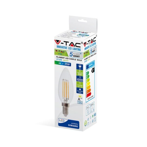 LED Λάμπα E14 4W Κεράκι Filament V-TAC PRO Samsung Chip 300° 400lm Θερμό 2700K  – 272