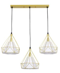GloboStar® EIFFEL 61571 Vintage Κρεμαστό Φωτιστικό Οροφής Τρίφωτο 3 x E27 Χρυσό Μεταλλικό Πλέγμα με Λευκό Ύφασμα Μ68 x Π25 x Υ130cm