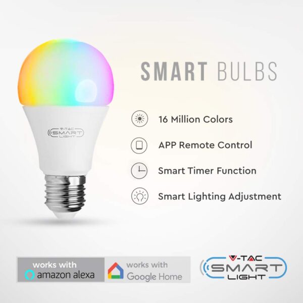 Wi-Fi Λάμπα LED 10W E27 A60 V-TAC Smart Home 200° 806lm 2700K-6400K+RGB – 2751