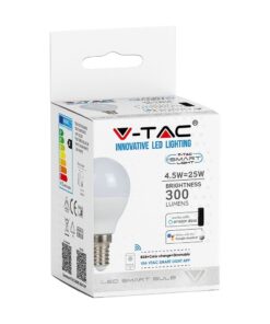 Wi-Fi Λάμπα LED 4.8W E14 P45 V-TAC Smart Home 180° 450lm 2700K-6400K+RGB – 212756