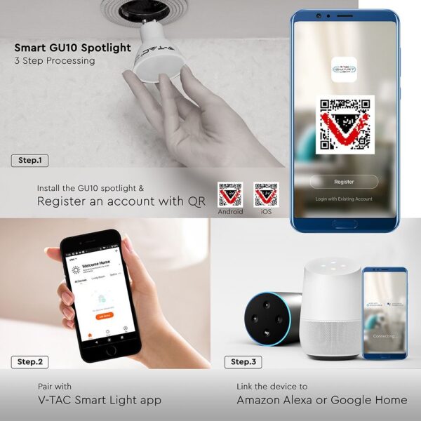 Wi-Fi LED Spot Λάμπα GU10 5W V-TAC Smart Home 100° 400lm 2700K-6400K+RGB – 2757