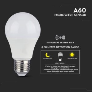 LED Λάμπα E27 A60 9W 200° 806lm V-TAC με Αισθητήρα Κίνησης Θερμό 3000K V-TAC – 2760