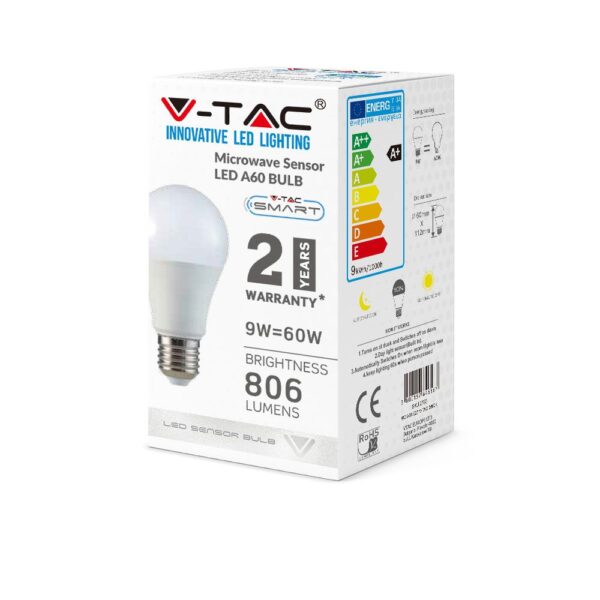 LED Λάμπα E27 A60 9W 200° 806lm V-TAC με Αισθητήρα Κίνησης Ψυχρό 6400K V-TAC - 2762