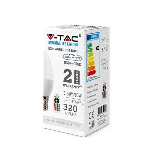 LED Λάμπα E14 Κερί με Τηλεχειριστήριο RF 3.5W V-TAC 200° 320lm RGB+Φυσικό 4000K – 2770