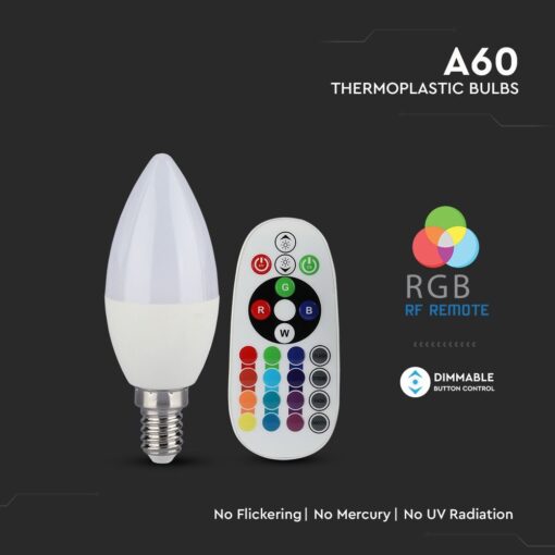 LED Λάμπα E14 Κερί με Τηλεχειριστήριο RF 3.5W V-TAC 200° 320lm RGB+Φυσικό 4000K – 2770