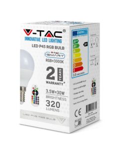 LED Λάμπα E14 Γλομπάκι με Τηλεχειριστήριο RF 3.5W V-TAC 180° 320lm RGB+Ψυχρό 6400K – 2777