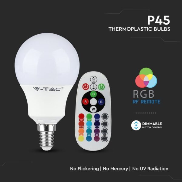 LED Λάμπα E14 Γλομπάκι με Τηλεχειριστήριο RF 3.5W V-TAC 180° 320lm RGB+Ψυχρό 6400K – 2777