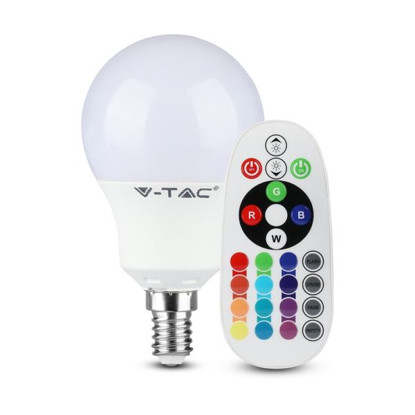 LED Λάμπα E14 Γλομπάκι με Τηλεχειριστήριο RF 4.8W V-TAC 180° 470lm RGB+Θερμό 3000K – 212775