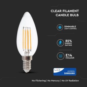 LED Λάμπα E14 Κεράκι 4W Dimmable Filament V-TAC PRO Samsung Chip 300° 350lm Θερμό Λευκό 2700K – 278