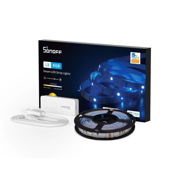 GloboStar® 80098 SONOFF L3-5M RGB Smart LED Strip Light WiFi 2.4GHz 90 SMD/M 5050 5m Roll & Power Adapter DC 5V Max 10W