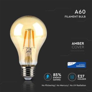 LED Λάμπα E27 Α60 4W Filament Amber V-TAC PRO Samsung Chip 300° 350lm 2200K – 282
