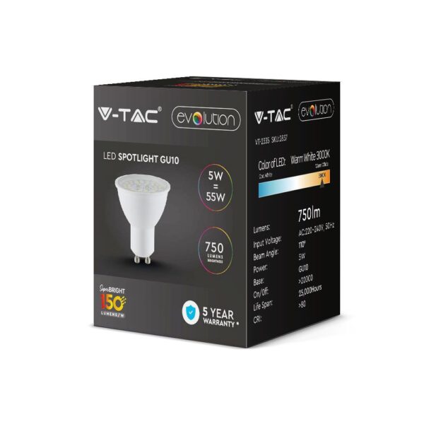 LED SPOT Λάμπα GU10 5W V-TAC 110° 750lm Θερμό 3000K - 2837