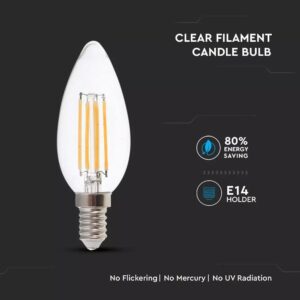 LED Λάμπα E14 Κεράκι 6W Filament V-TAC 300° 800lm Φυσικό 4000K – 2849