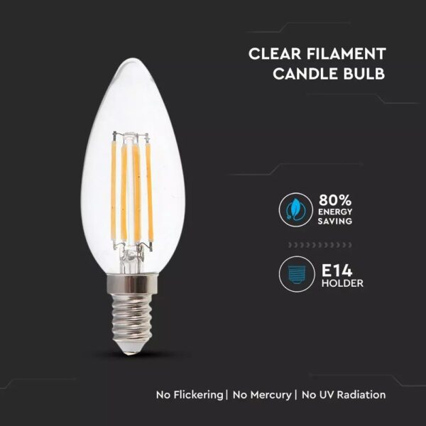 LED Λάμπα E14 Κεράκι 6W Filament V-TAC 300° 800lm Φυσικό 4000K – 2849