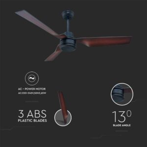 Ανεμιστήρας οροφής LED 65W μαύρο/καφέ σώμα 3 πτερυγίων με ρύθμιση μέσω RF control V-TAC – 2867