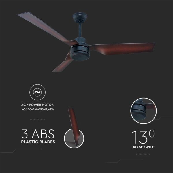 Ανεμιστήρας οροφής LED 65W μαύρο/καφέ σώμα 3 πτερυγίων με ρύθμιση μέσω RF control V-TAC – 2867