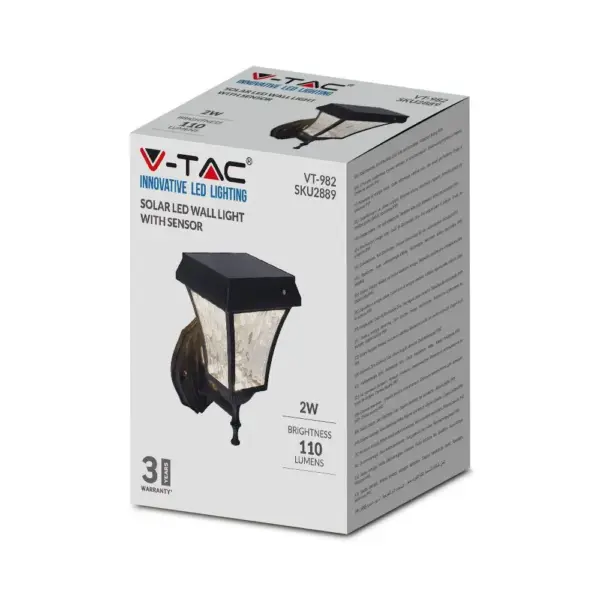 LED Ηλιακό Φαναράκι Τοίχου 2W V-TAC IP44 Μαύρο Σώμα CCT – 2889