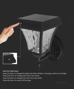 LED Ηλιακό Φαναράκι Τοίχου 2W V-TAC IP44 Μαύρο Σώμα CCT – 2889