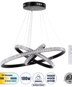 GloboStar® DIAMOND TRIO 61136-DECO Κρεμαστό Φωτιστικό Δαχτυλίδι-Κύκλος LED CCT 100W 12123lm 360° AC 220-240V – Εναλλαγή Φωτισμού μέσω Τηλεχειριστηρίου All In One Ψυχρό 6000k+Φυσικό 4500k+Θερμό 2700k Dimmable Φ25+40+60cm – Μαύρο – 3 Years Warranty