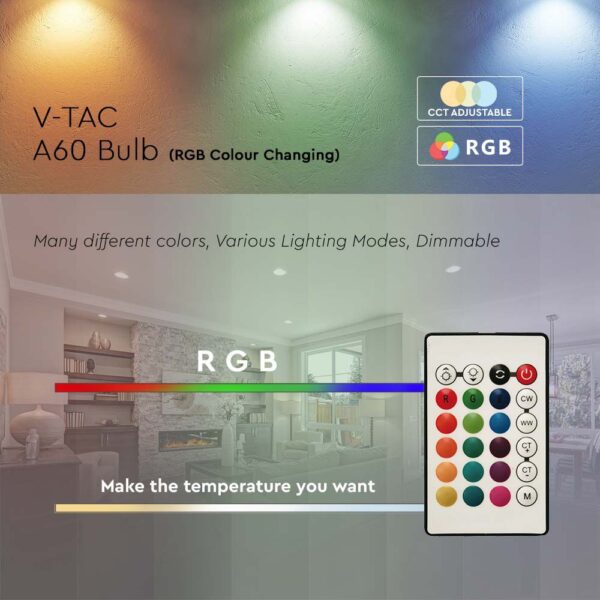 LED Λάμπα E27 A60 με Τηλεχειριστήριο RF 8.5W V-TAC 806lm RGB+Θερμό 3000K – 2925