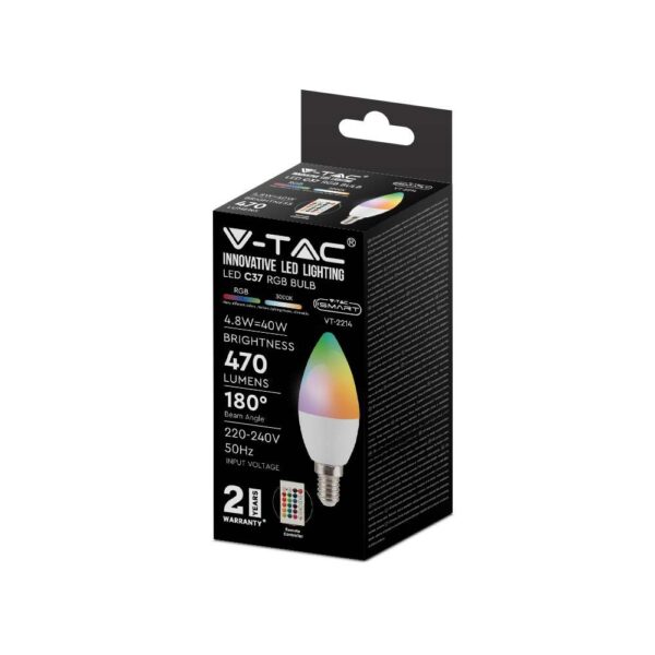 LED Λάμπα E14 Κερί με Τηλεχειριστήριο RF 4.8W V-TAC 470lm RGB+Φυσικό 4000K – 2929