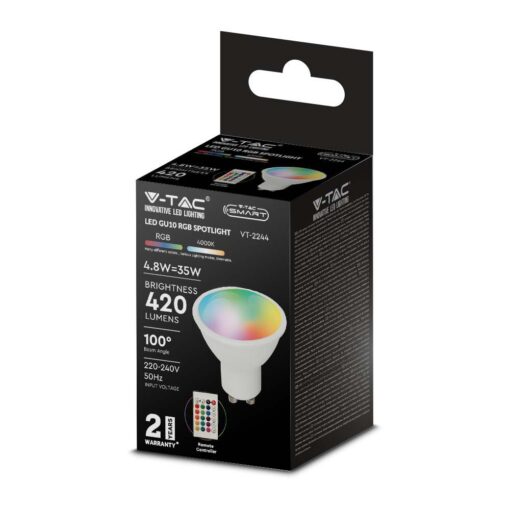 LED SPOT Λάμπα GU10 4.8W V-TAC με Τηλεχειριστήριο 100° 420lm RGB+3000K – 2927