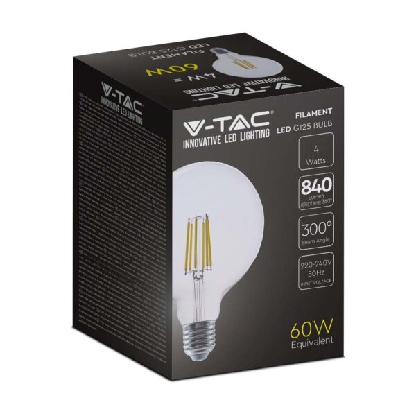 LED Λάμπα E27 G125 4W  Filament V-TAC 840lm Φυσικό 4000K – 2993