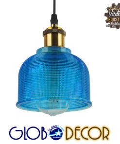 GloboStar® SEGRETO 01452 Vintage Κρεμαστό Φωτιστικό Οροφής Μονόφωτο 1 x E27 Μπλε Γυάλινο Διάφανο Καμπάνα με Χρυσό Ντουί Φ14 x Υ18cm