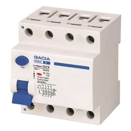 ΡΕΛΕ ΔΙΑΡΡΟΗΣ 4Χ63Α 10KA 300mA TYPE AC+S GACIA EUROLAMP – 500-37545