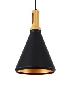 GloboStar® CALYPSO 01334-C Μοντέρνο Κρεμαστό Φωτιστικό Οροφής Μονόφωτο 1 x E27 Μαύρο – Χρυσό Μεταλλικό με Ξύλινη Βάση Καμπάνα Φ25 x Υ40cm