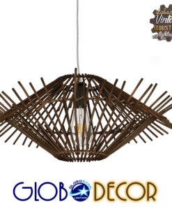 GloboStar® MADDY 01602 Vintage Κρεμαστό Φωτιστικό Οροφής Μονόφωτο 1 x E27 Καφέ Σκούρο Ξύλινο Ψάθινο Bamboo Φ50 x Υ23cm