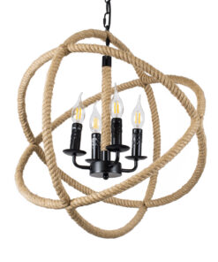 GloboStar® VITRUVIAN 01141 Vintage Κρεμαστό Φωτιστικό Οροφής Πολύφωτο 4 x E14 Μαύρο Μεταλλικό Πολυέλαιος με Μπεζ Σχοινί Φ53 x Y53cm