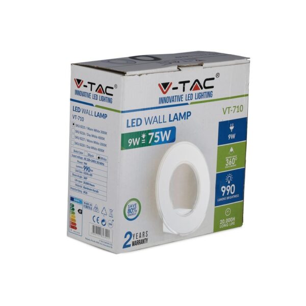 LED Φωτιστικό Τοίχου 9W V-TAC Λευκό Στρογγυλό SMD Θερμό Λευκό 3000Κ – 8225