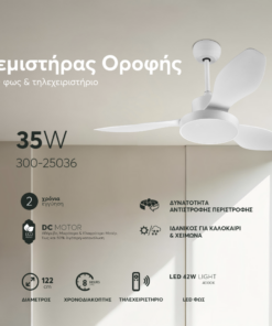ΑΝΕΜΙΣΤΗΡΑΣ ΟΡΟΦΗΣ ΛΕΥΚΟΣ ΜΕ LED ΦΩΣ ΚΑΙ ΚΟΝΤΡΟΛ Φ122 DC 35W EUROLAMP – 300-25036