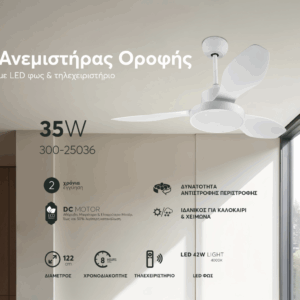 ΑΝΕΜΙΣΤΗΡΑΣ ΟΡΟΦΗΣ ΛΕΥΚΟΣ  ΜΕ LED ΦΩΣ ΚΑΙ ΚΟΝΤΡΟΛ Φ122 DC 35W EUROLAMP – 300-25036