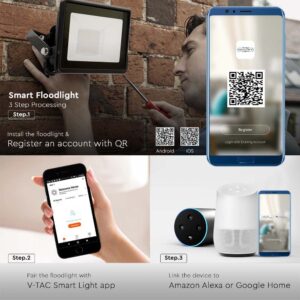 Wi-Fi Smart LED Προβολέας 10W V-TAC Μαύρος 725lm RGB+W Dimmable CCT IP65  – 3006