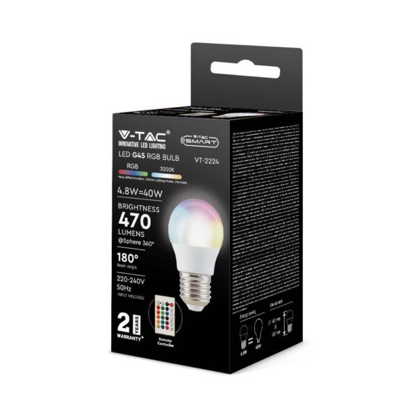 LED Λάμπα G45 E27 4.8W V-TAC  με Τηλεχειριστήριο 180° 470lm RGB+3000K – 3028