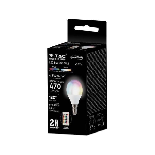 LED Λάμπα G45 E14 4.8W V-TAC  με Τηλεχειριστήριο 180° 470lm RGB+3000K – 3029