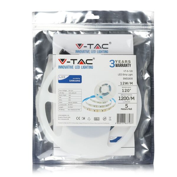 LED Ταινία 12W V-TAC PRO Samsung Chip Dimmable 12V 1200lm/m Φυσικό Λευκό 4000K 5 Μέτρα – 21324