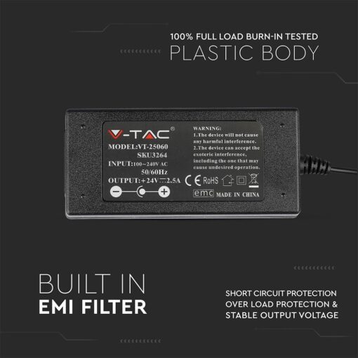 Τροφοδοτικό για LED 60W 24V IP44 Πλαστικό V-TAC – 3264
