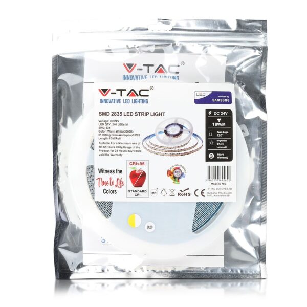 LED Ταινία 18W V-TAC PRO Samsung Chip Dimmable 24V 1500lm/m CRI >95 Θερμό Λευκό 3000Κ 10 Μέτρα – 331