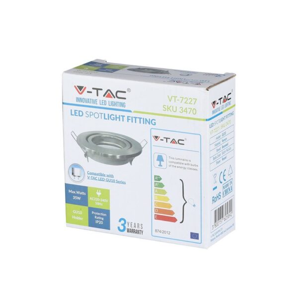 Συσκευασία φωτιστικού σποτ V-TAC LED GU10, 35W, IP20, συμβατό με ενεργειακές κλάσεις A++ έως E.