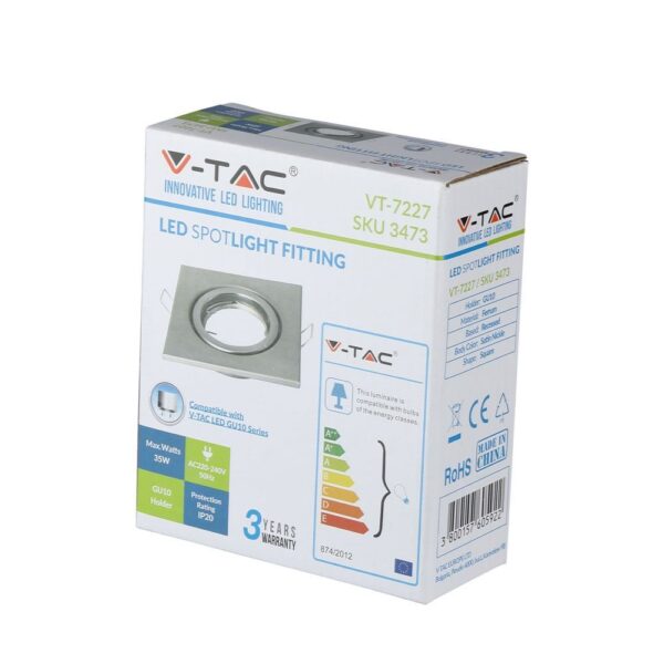 Σποτ LED V-TAC 35W ασημένιο, στρογγυλό, βάσης GU10, IP20, συμβατότητα ενεργειακής κλάσης Α+.