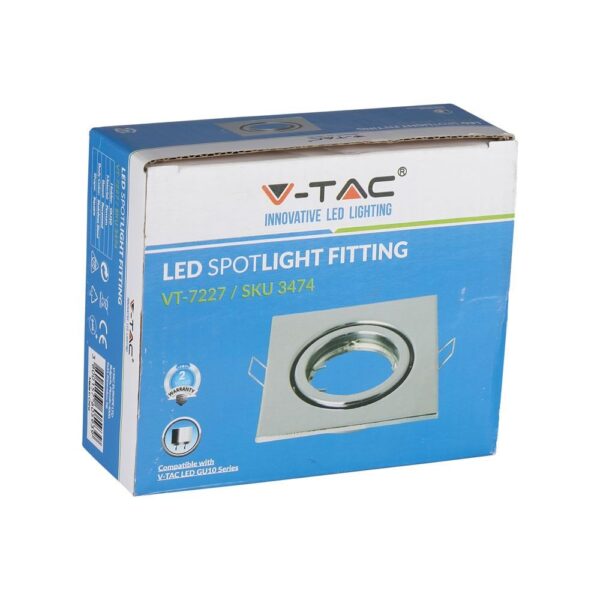 LED σποτ φωτιστικό V-TAC VT-7227, τετράγωνο, μεταλλικό, για λάμπες GU10, συσκευασία με εικόνα προϊόντος.
