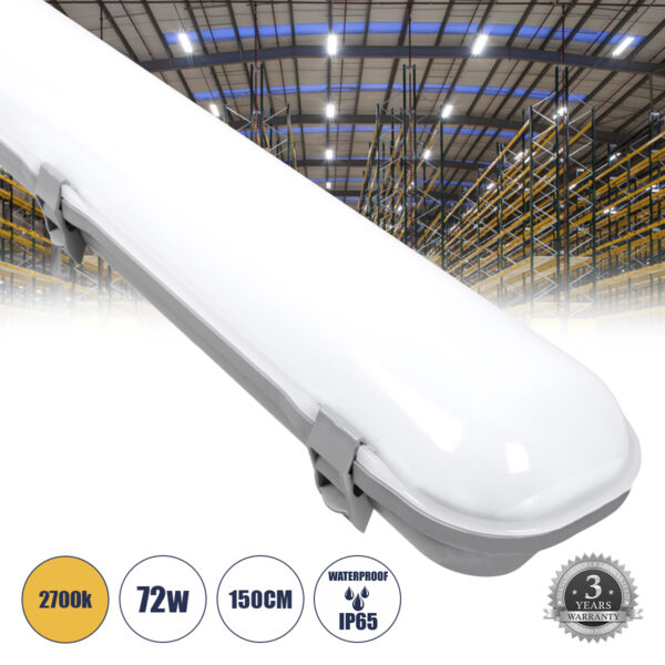 GloboStar® 60178 LED Γραμμικό Βιομηχανικό Φωτιστικό Tri-Proof 150cm 72W 8162lm 120° AC 220-240V Αδιάβροχο IP65 Μ150 x Π10,5 x Υ8cm Θερμό Λευκό 2700K - 3 Χρόνια Εγγύηση