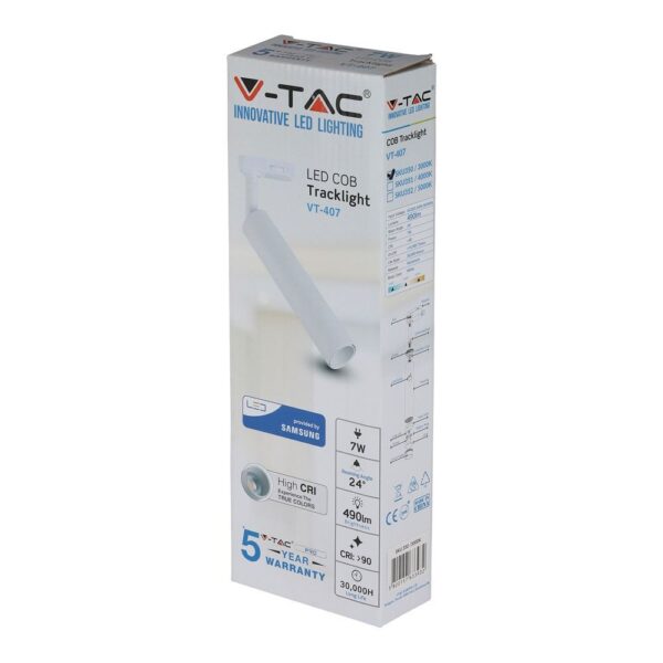 LED Φωτιστικό Ράγας Λευκό 7W V-TAC PRO Samsung Chip COB CRI >90 24° 420lm Θερμό Λευκό 3000K – 350