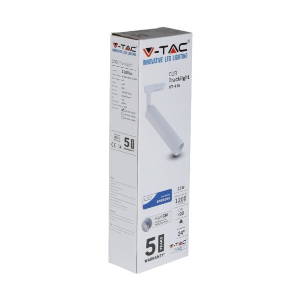 LED Φωτιστικό Ράγας Λευκό 15W V-TAC PRO Samsung Chip COB CRI >90 24° 1050lm Θερμό Λευκό 3000K – 356