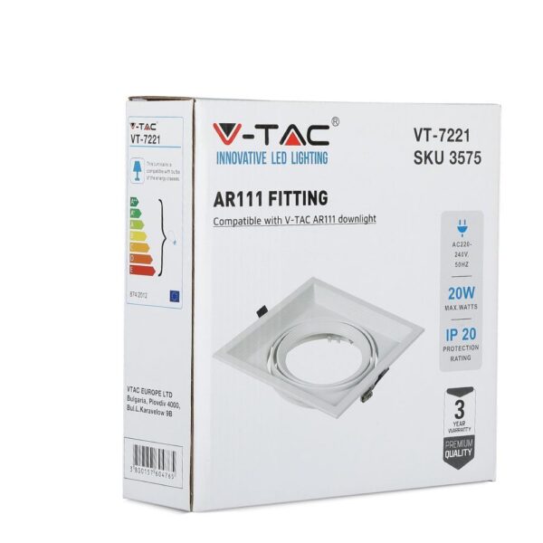 Χωνευτή Βάση 1xAR111 V-TAC Ρυθμιζόμενη Λευκή Αλουμίνιο – 3575