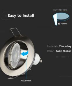 Ρυθμιζόμενη σποτ οροφής από κράμα ψευδαργύρου, σατινέ νικέλιο, εύκολη εγκατάσταση, διάμετρος κοπής 74mm.